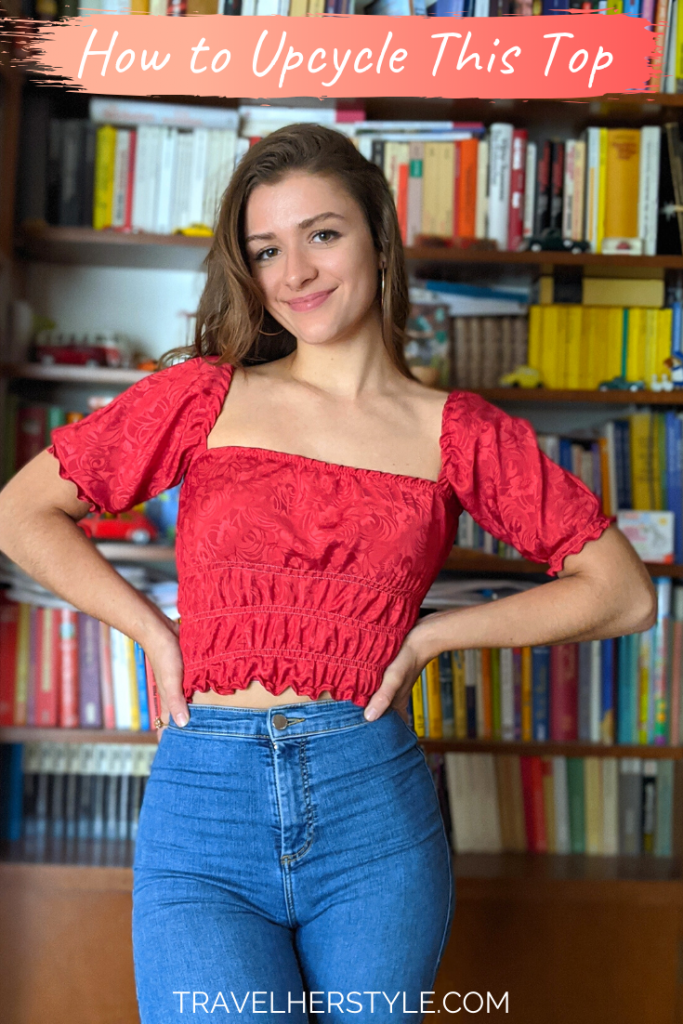 Emily wears upcycled thrifted top