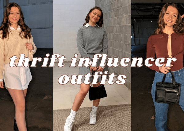 three outfits inspired by influencers Angela Giakas and Camila Coelho. Woman with brown hair wears sweater with button down shirt dress and upcycled tops.